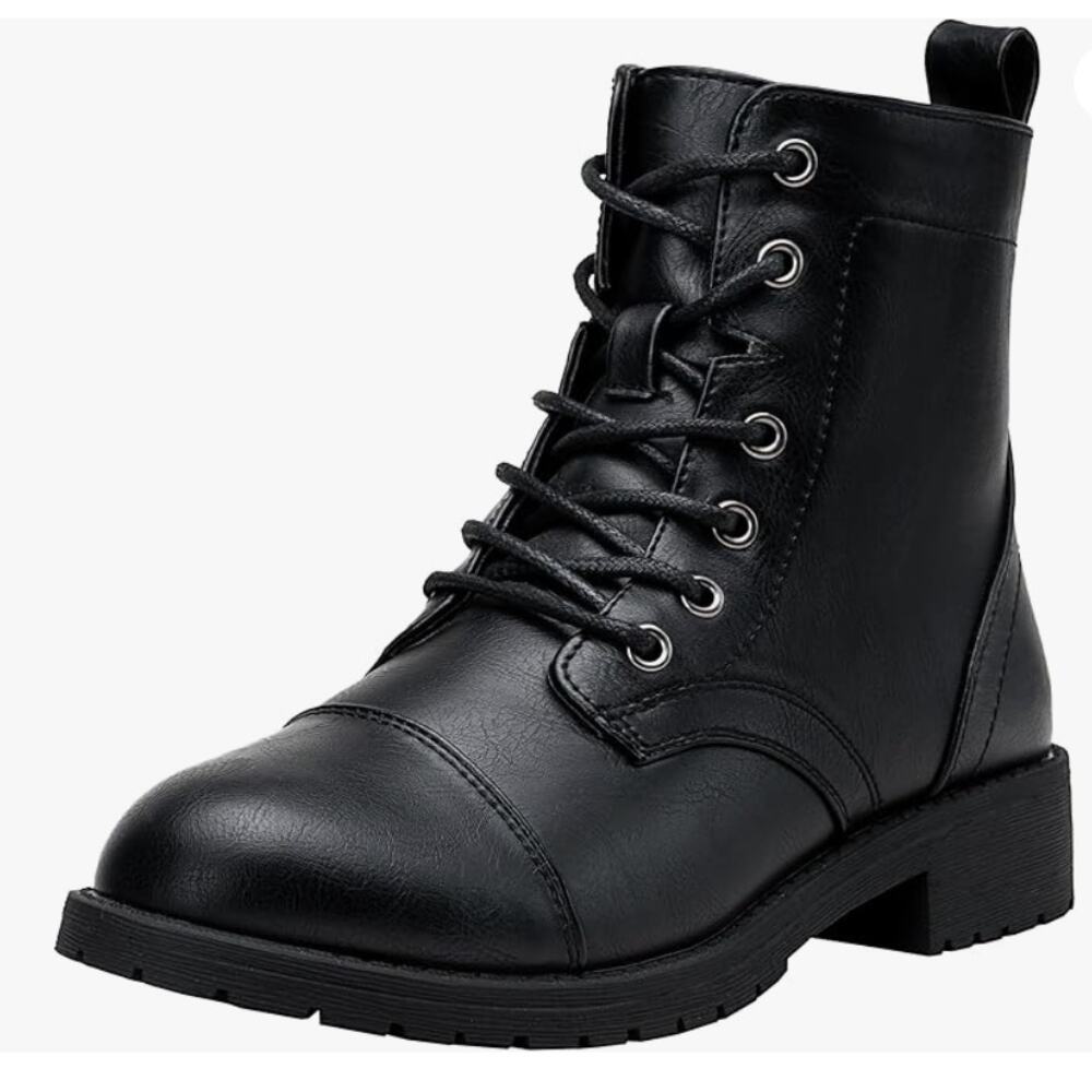 Vepose Womens 910 Lace-Up Fashion Combat Booties Low Heel Black Ankle Boots 7